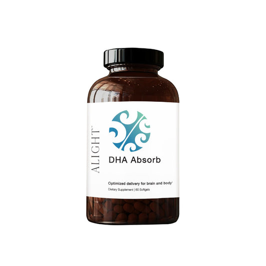Supplement bottle labeled 'DHA Absorb' by 'ALIGHT' on a white background
