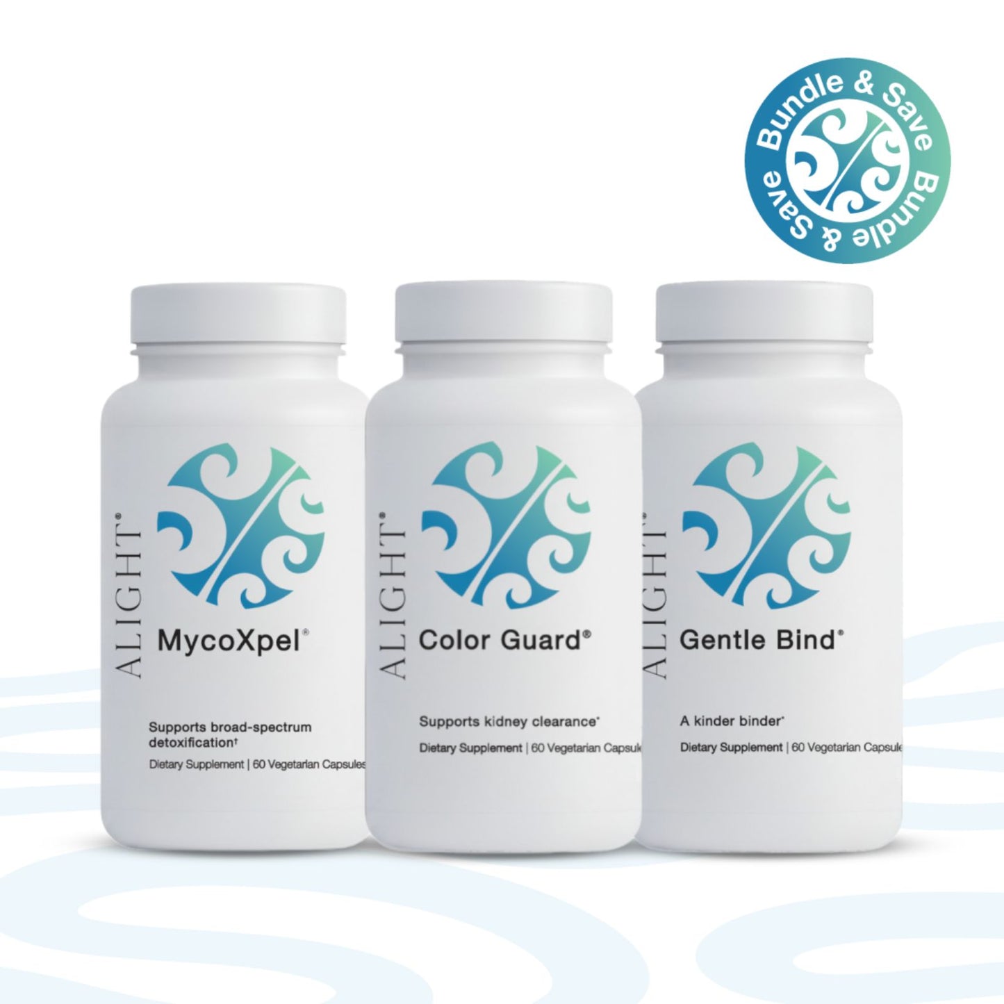 Three white supplement bottles labeled ALIGHT MycoXpel, Color Guard, and Gentle Bind, shown together on a white background with a blue circular 'Bundle & Save' badge in the top right.