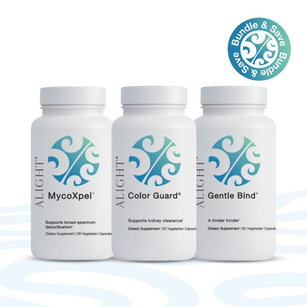 Three white supplement bottles labeled ALIGHT MycoXpel, Color Guard, and Gentle Bind, shown together on a white background with a blue circular 'Bundle & Save' badge in the top right.