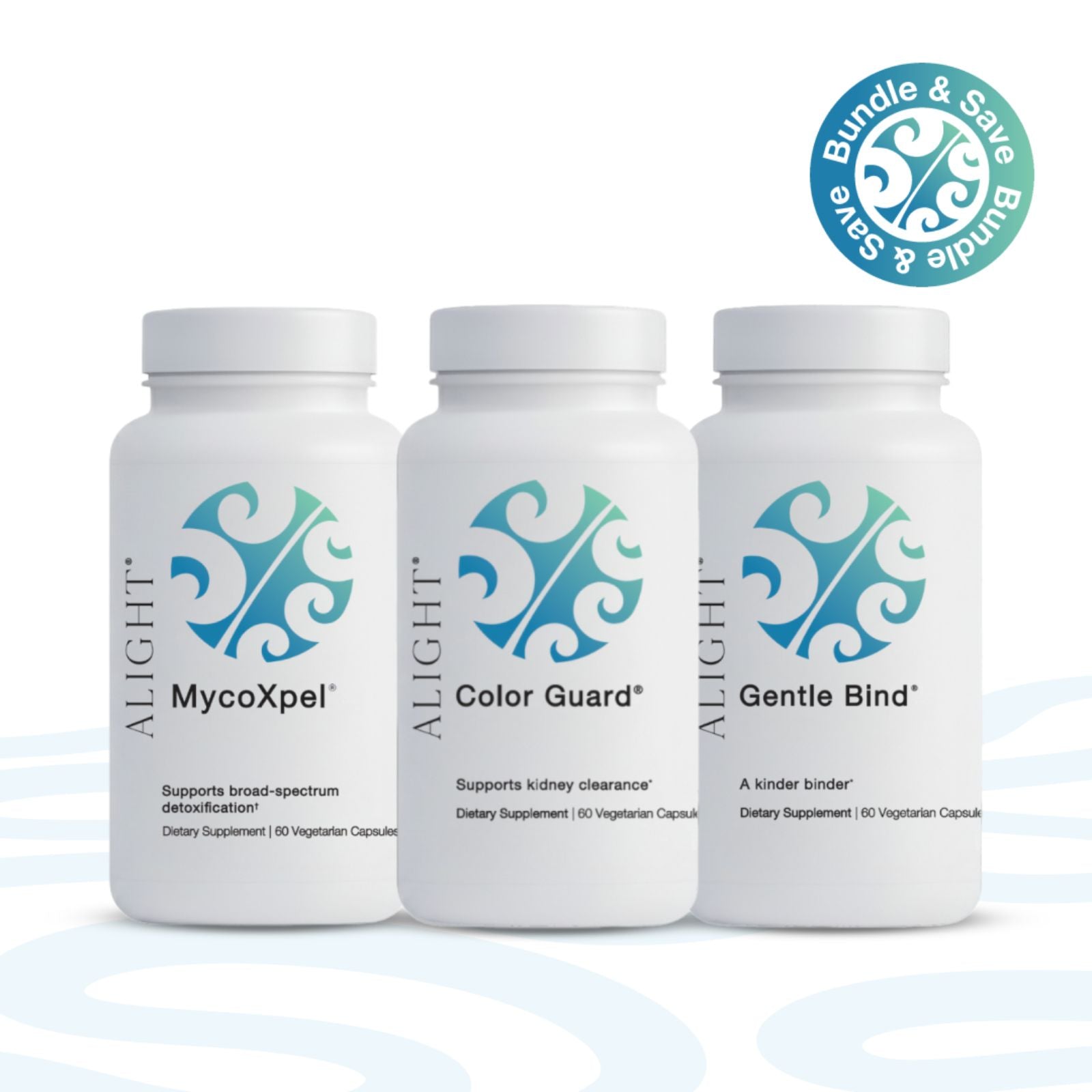 Three white supplement bottles labeled ALIGHT MycoXpel, Color Guard, and Gentle Bind, shown together on a white background with a blue circular 'Bundle & Save' badge in the top right.