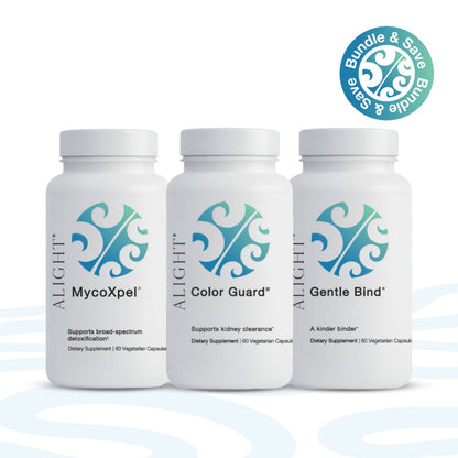 Three white supplement bottles labeled ALIGHT MycoXpel, Color Guard, and Gentle Bind, shown together on a white background with a blue circular 'Bundle & Save' badge in the top right.