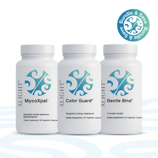 Three white supplement bottles labeled ALIGHT MycoXpel, Color Guard, and Gentle Bind, shown together on a white background with a blue circular 'Bundle & Save' badge in the top right.