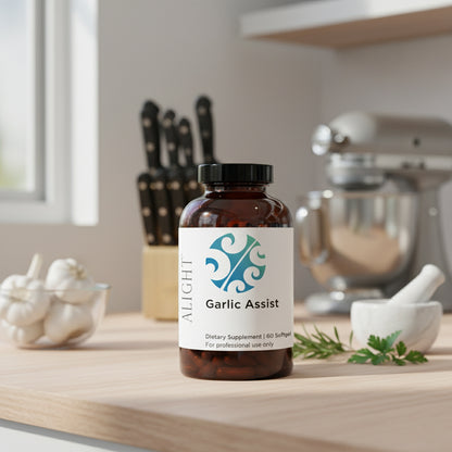 Garlic Assist dietary supplement bottle on a kitchen counter with kitchen items in the background