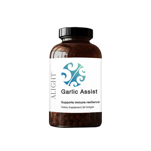 Dietary supplement bottle labeled 'Garlic Assist' by ALIGHT on a white background