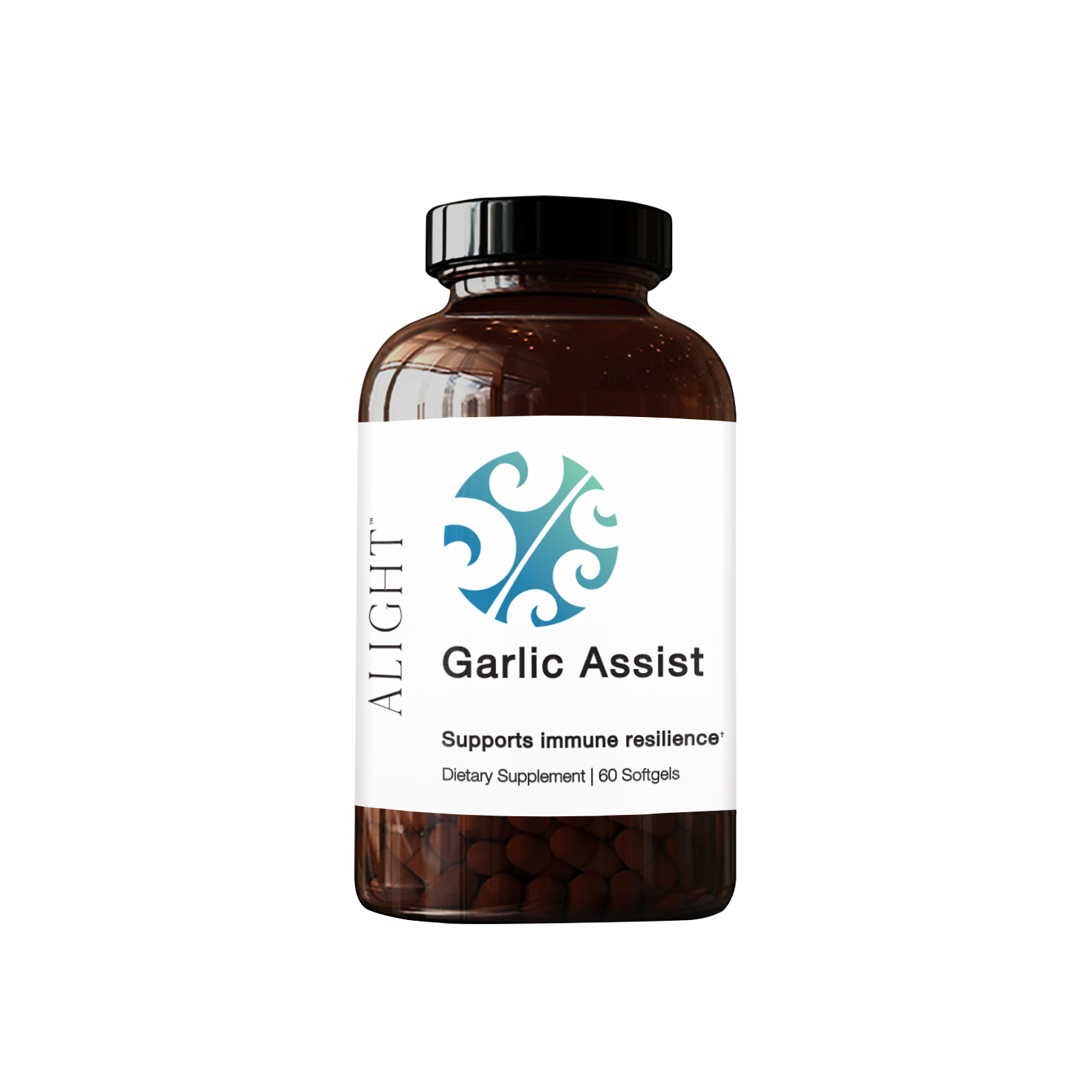 Dietary supplement bottle labeled 'Garlic Assist' by ALIGHT on a white background