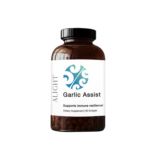 Dietary supplement bottle labeled 'Garlic Assist' by ALIGHT on a white background