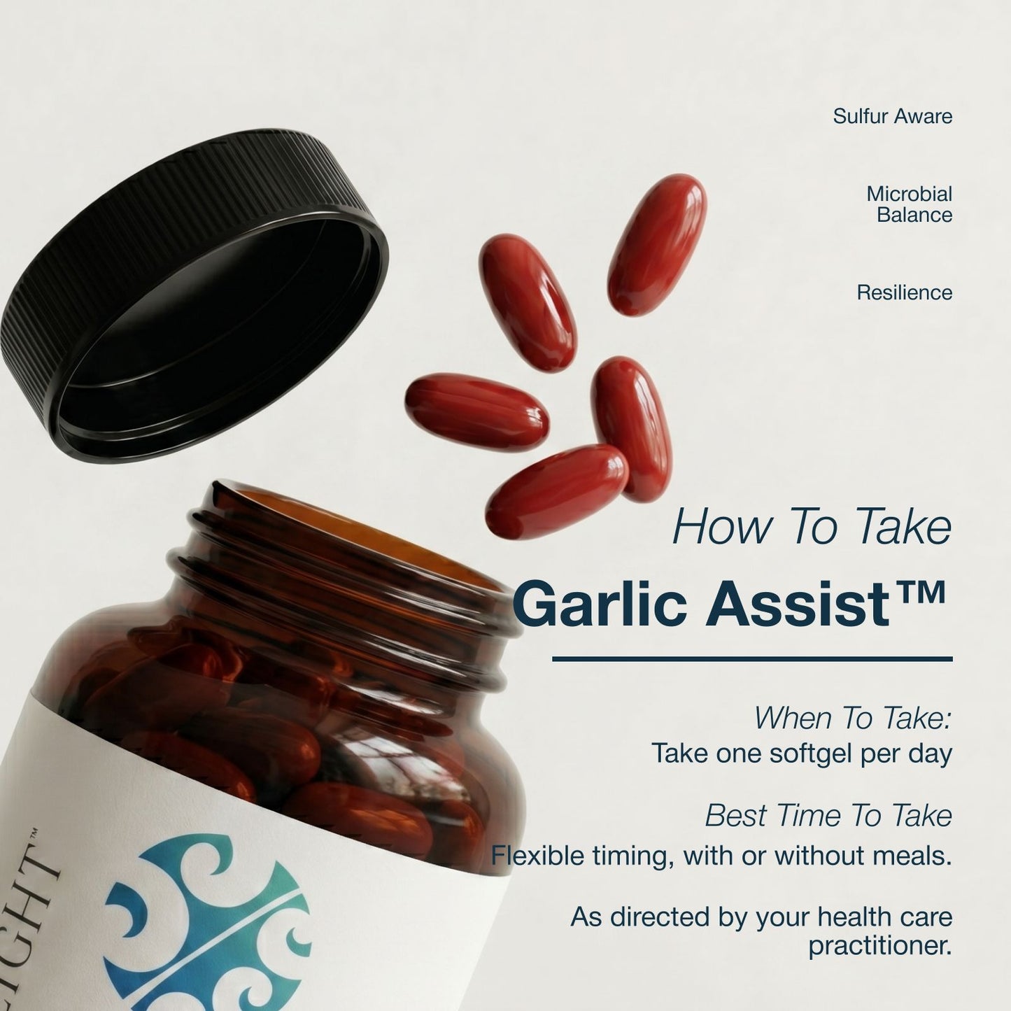 Brown supplement bottle with garlic capsules and text on a light gray background