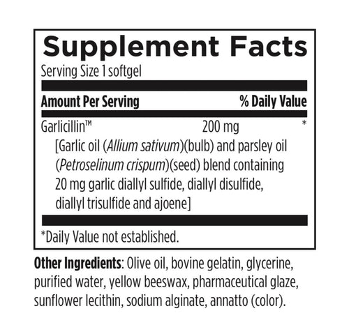 Supplement facts label with garlicillin content and other ingredients listed.