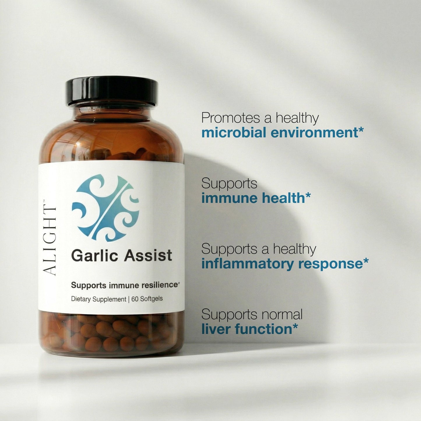 Garlic supplement bottle labeled 'Garlic Assist' with promotional text on a light gray background