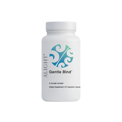 White supplement bottle labeled 'Alight Gentle Bind' on a white background
