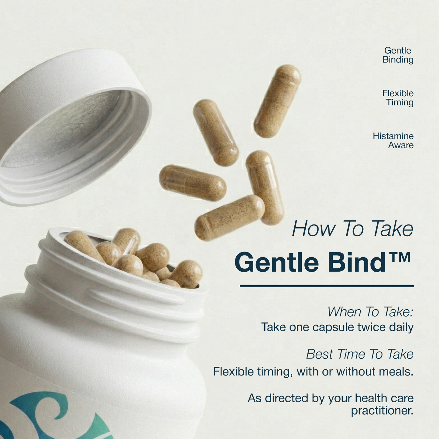Open bottle of Gentle Bind capsules with text on how to take them.