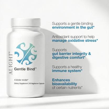 Supplement bottle labeled 'Gentle Bind' with text about its benefits on a white background