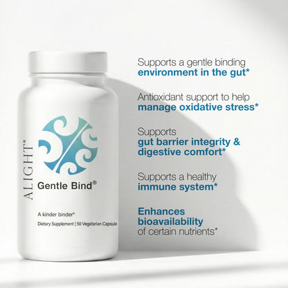 Supplement bottle labeled 'Gentle Bind' with text about its benefits on a white background