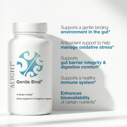 Gentle Bind the sensitive binder displaying benefits like binding, antioxidant support, and digestive comfort.