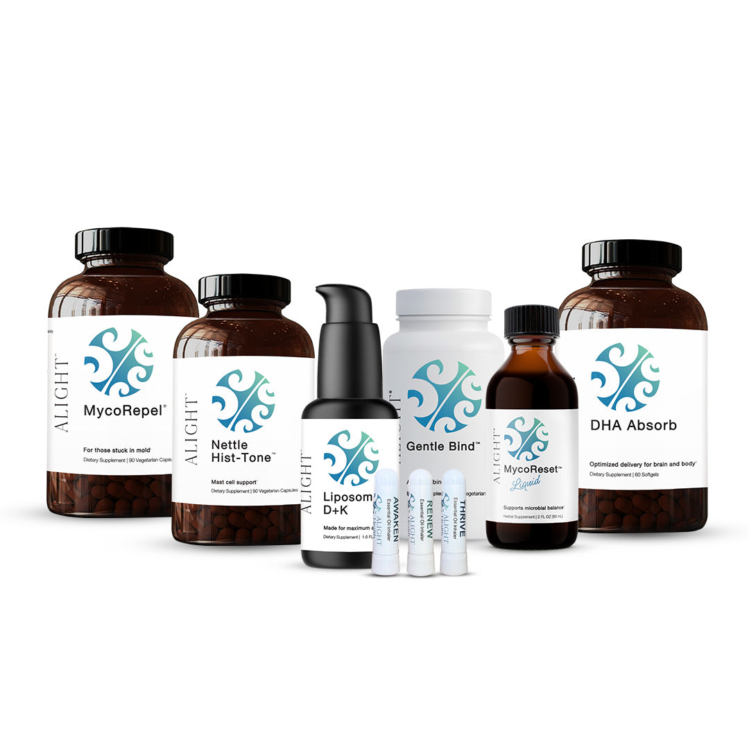 Collection of Alight supplement bottles on a white background