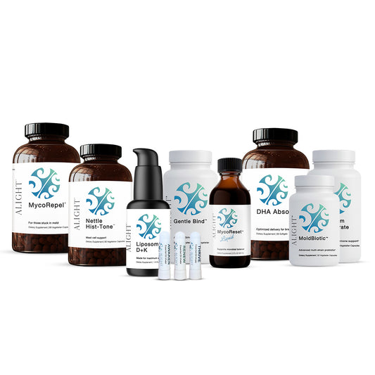 Collection of Alight supplement bottles and containers on a white background