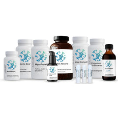 A collection of white and amber supplement bottles, jars, and tubes with blue and teal wave logos, arranged on a plain white background. Visible product names include MycoRepore, Mycoster, Mucorinizer, and others.