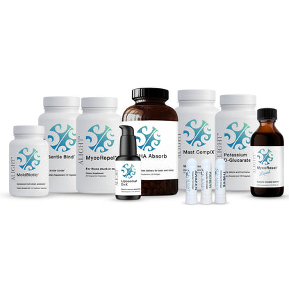 A collection of white and amber supplement bottles, jars, and tubes with blue and teal wave logos, arranged on a plain white background. Visible product names include MycoRepore, Mycoster, Mucorinizer, and others.