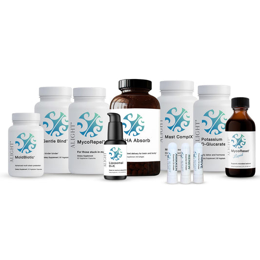 A collection of white and amber supplement bottles, jars, and tubes with blue and teal wave logos, arranged on a plain white background. Visible product names include MycoRepore, Mycoster, Mucorinizer, and others.
