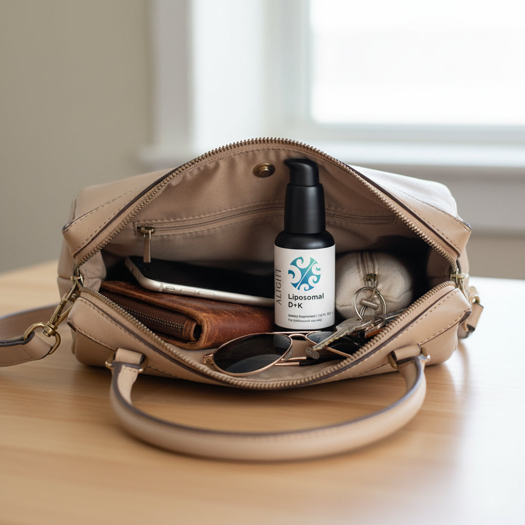 Beige handbag with a bottle of Liposomal D+K, in a purse, on a wooden surface.