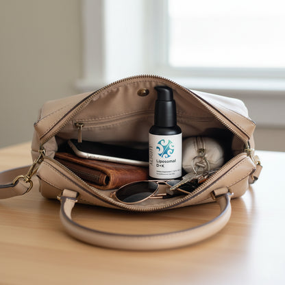 Beige handbag with a bottle of Liposomal D+K, in a purse, on a wooden surface.