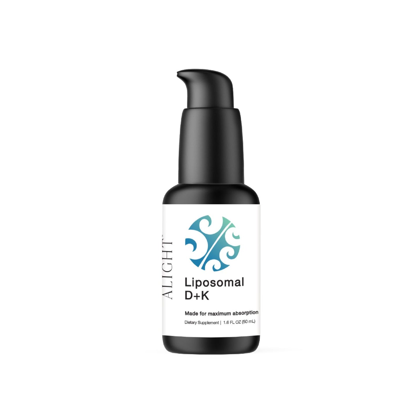 Supplement bottle labeled 'Liposomal D+K' on a white background