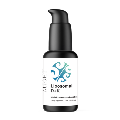 Bottle of ALIGHT Liposomal D+K supplement on a white background
