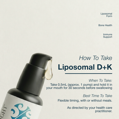 Liposomal D+K product with usage instructions on a light gray background