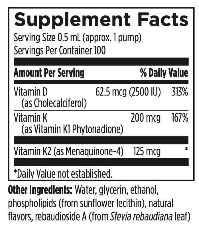 Supplement facts label with vitamins D, K1, and K2 on a white background
