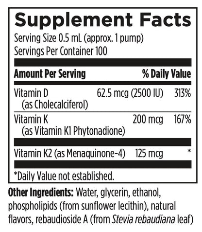 Supplement facts label with vitamins D, K1, and K2 on a white background