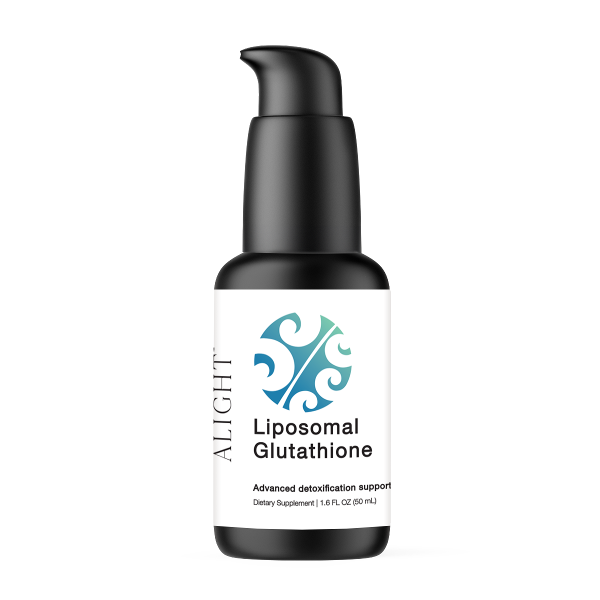 Bottle of Liposomal Glutathione supplement with black pump on a white background