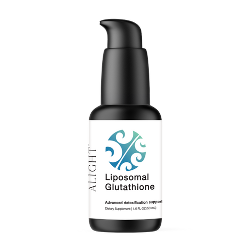 Bottle of Liposomal Glutathione supplement with black pump on a white background