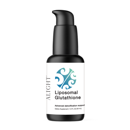 Bottle of Liposomal Glutathione supplement with black pump on a white background