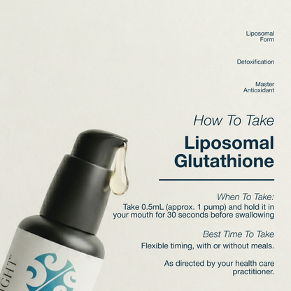 Liposomal Glutathione bottle with usage instructions on a light gray background