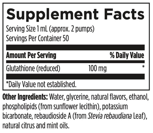 Supplement facts label with glutathione content and ingredient list.