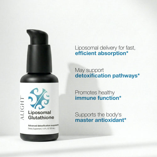 Bottle of ALIGHT Liposomal Glutathione with text on a white background