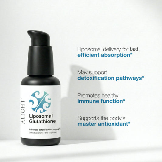 Bottle of ALIGHT Liposomal Glutathione with text on a white background