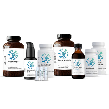Collection of Alight supplement bottles on a white background