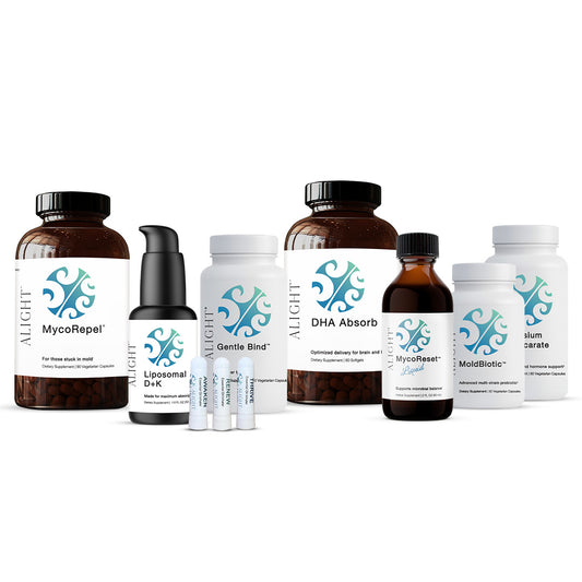 Collection of Alight supplement bottles on a white background