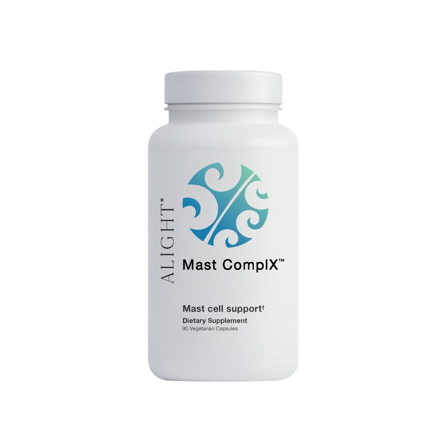 A white plastic bottle of ALIGHT Mast CompLex dietary supplement with a blue and teal logo on the front label, set against a plain white background.