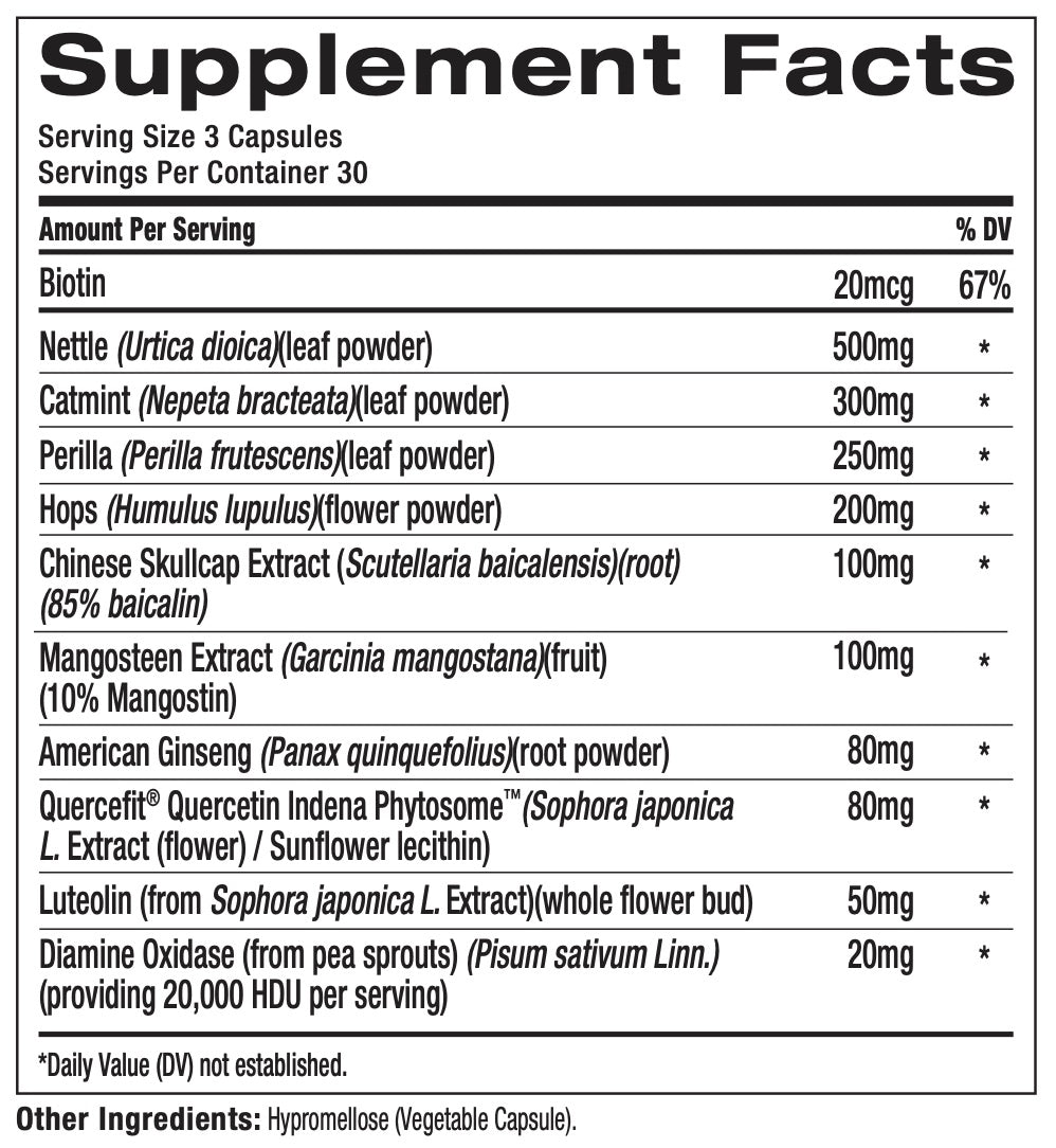 A black-and-white Supplement Facts label showing a list of ingredients and daily value information for a dietary supplement. Visible ingredients include Biotin, Nettle, Catmint, Perilla, Hops, Chinese Skullcap Extract, Mangosteen Extract, American Ginseng, Quercetin, and Luteolin.