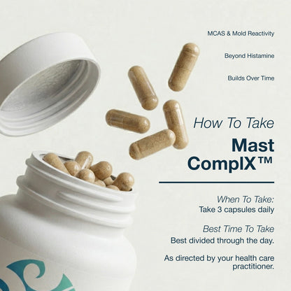 Text on the right reads 'How To Take Mast ComplX' with dosage instructions, on a light off-white background - 3 capsules a day, best divided throughout the day. 