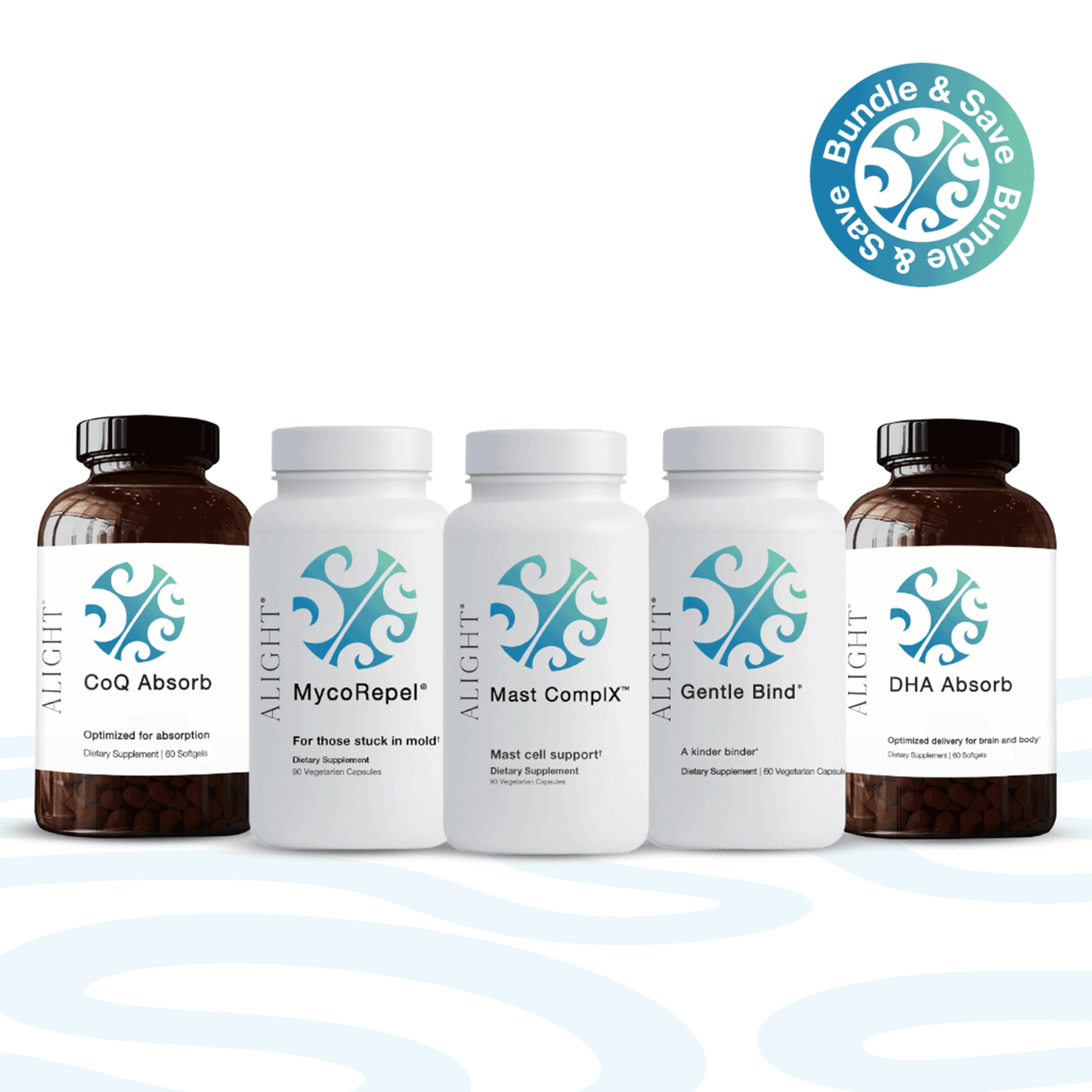 Four Alight dietary supplement bottles arranged on a white background, with two dark amber bottles on the outer sides and two white bottles in the center. A teal circular 'Bundle & Save' badge appears in the top right.