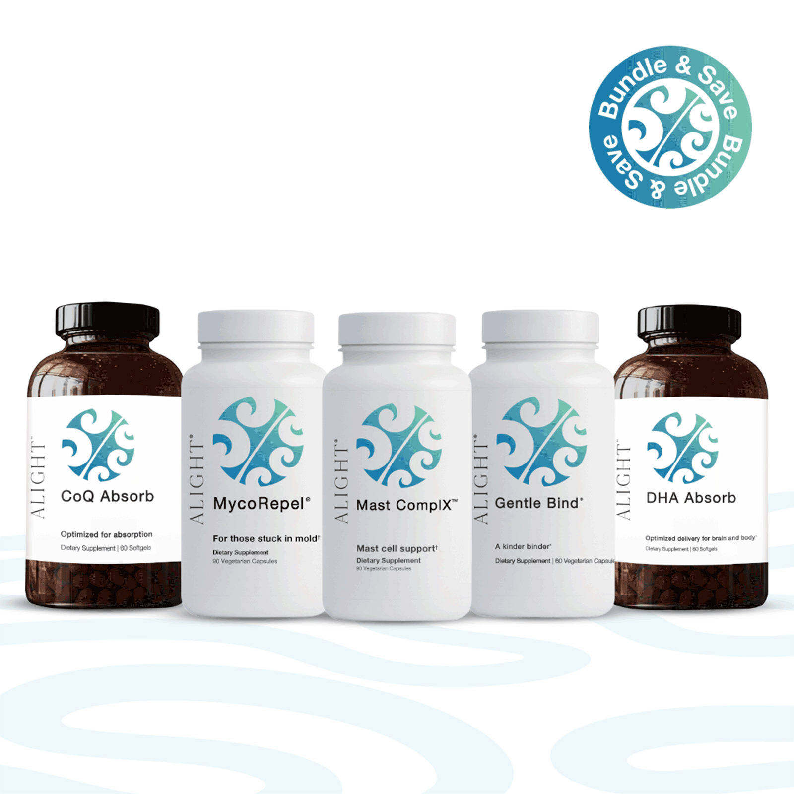 Four Alight dietary supplement bottles arranged on a white background, with two dark amber bottles on the outer sides and two white bottles in the center. A teal circular 'Bundle & Save' badge appears in the top right.