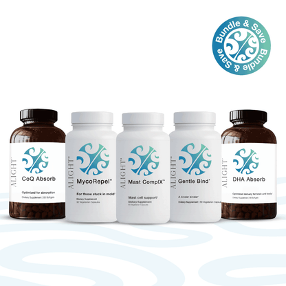 Four Alight dietary supplement bottles arranged on a white background, with two dark amber bottles on the outer sides and two white bottles in the center. A teal circular 'Bundle & Save' badge appears in the top right.