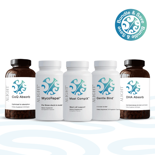 Four Alight dietary supplement bottles arranged on a white background, with two dark amber bottles on the outer sides and two white bottles in the center. A teal circular 'Bundle & Save' badge appears in the top right.