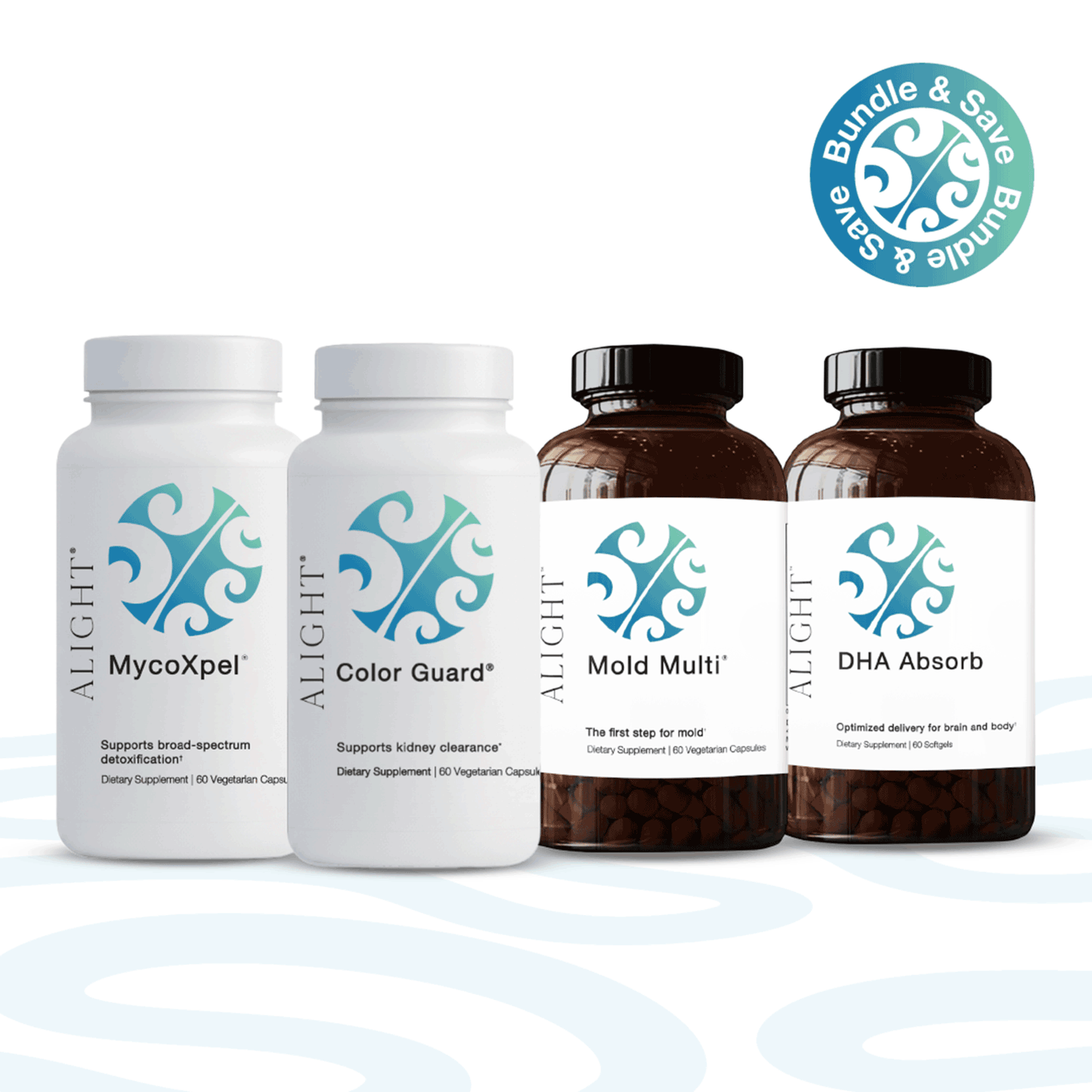 Four ALiGHT dietary supplement bottles arranged on a white background with a light blue abstract wave pattern. The set includes two white bottles labeled 'MycoXpel' and 'Color Guard' and two amber brown bottles labeled 'Mold Multi' and 'DHA Absorb'.