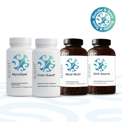 Four ALiGHT dietary supplement bottles arranged on a white background with a light blue abstract wave pattern. The set includes two white bottles labeled 'MycoXpel' and 'Color Guard' and two amber brown bottles labeled 'Mold Multi' and 'DHA Absorb'.