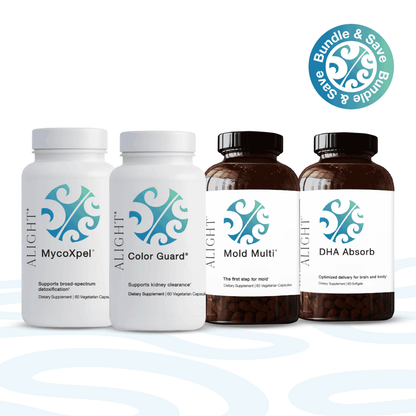 Four ALiGHT dietary supplement bottles arranged on a white background with a light blue abstract wave pattern. The set includes two white bottles labeled 'MycoXpel' and 'Color Guard' and two amber brown bottles labeled 'Mold Multi' and 'DHA Absorb'.