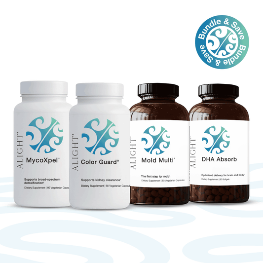 Four ALiGHT dietary supplement bottles arranged on a white background with a light blue abstract wave pattern. The set includes two white bottles labeled 'MycoXpel' and 'Color Guard' and two amber brown bottles labeled 'Mold Multi' and 'DHA Absorb'.